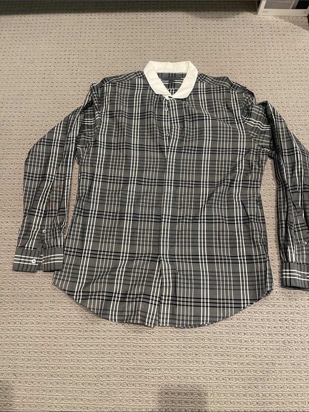 John Varvatos Black and White Plaid Button-Down Shirt with Contrast Collar